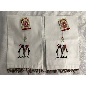 PHI Christmas Traditions 2 NWT Tea Hand Towels Penguins Mistletoe Cotton